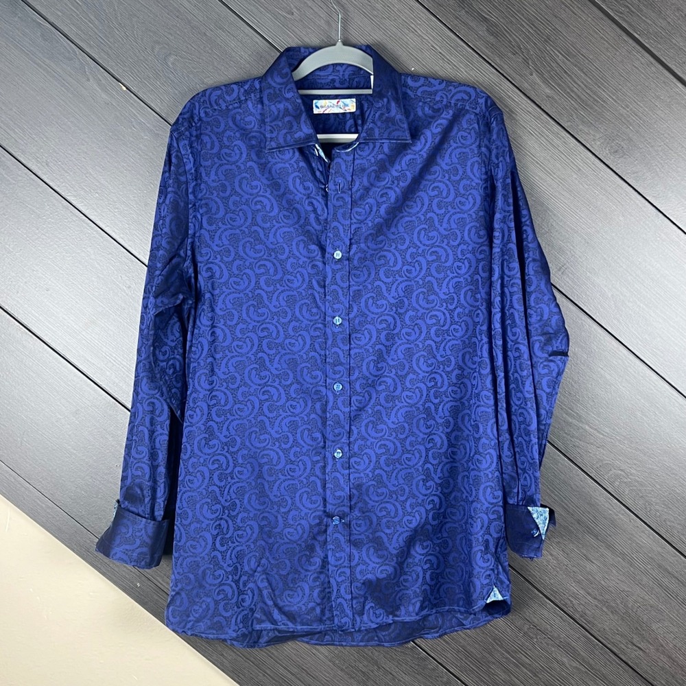 Brandolini Mens Button‎ Up Shirt Paisley Large Purple Blue Black Cotton